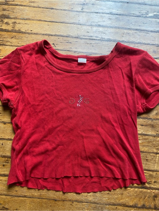 Guess Tops - Guess Red Short Sleeve Rhinestone Logo Crop Top